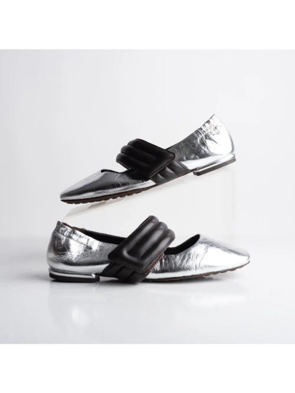 Tory Burch Womens Mary Janes Ballet Flats Puffed Up Silver Coco Leather US 6 New